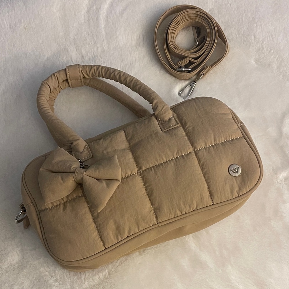 WestBronco-  Tan Nylon Quilted Handbag with Bow charm